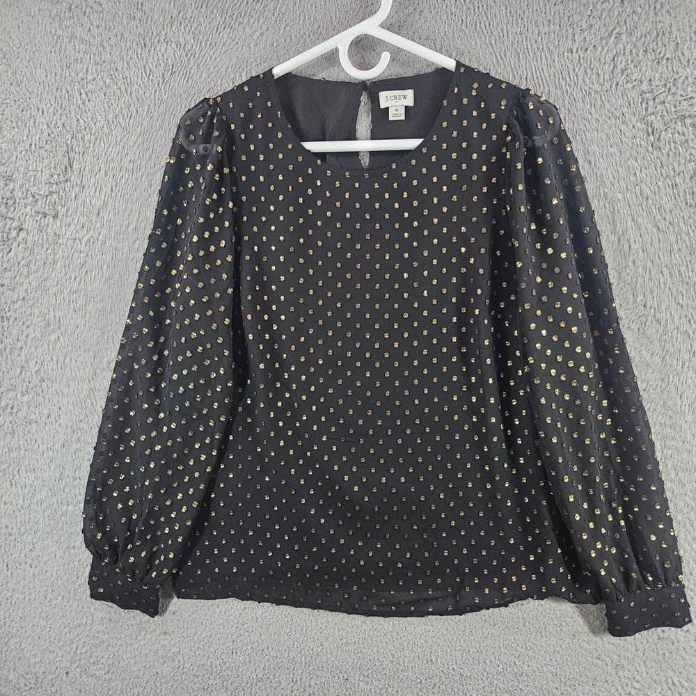 J.Crew Womens Black Gold Metallic Clip Dot Puff Sleeve Blouse Top Small Holiday